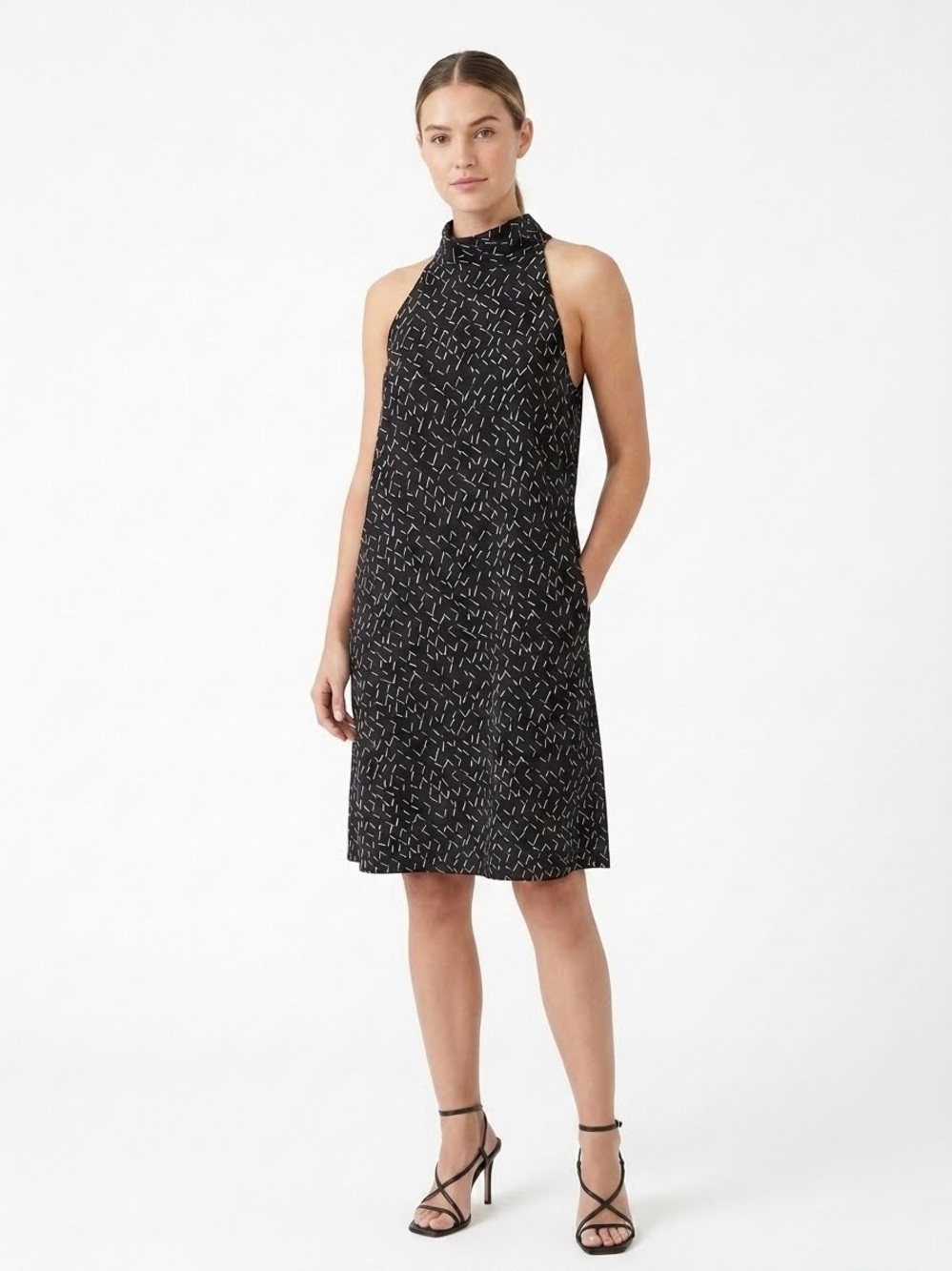 Banana Republic Black White Abstract Geometric Print Tie-Neck Halter Shift Dress - Picture 2 of 12